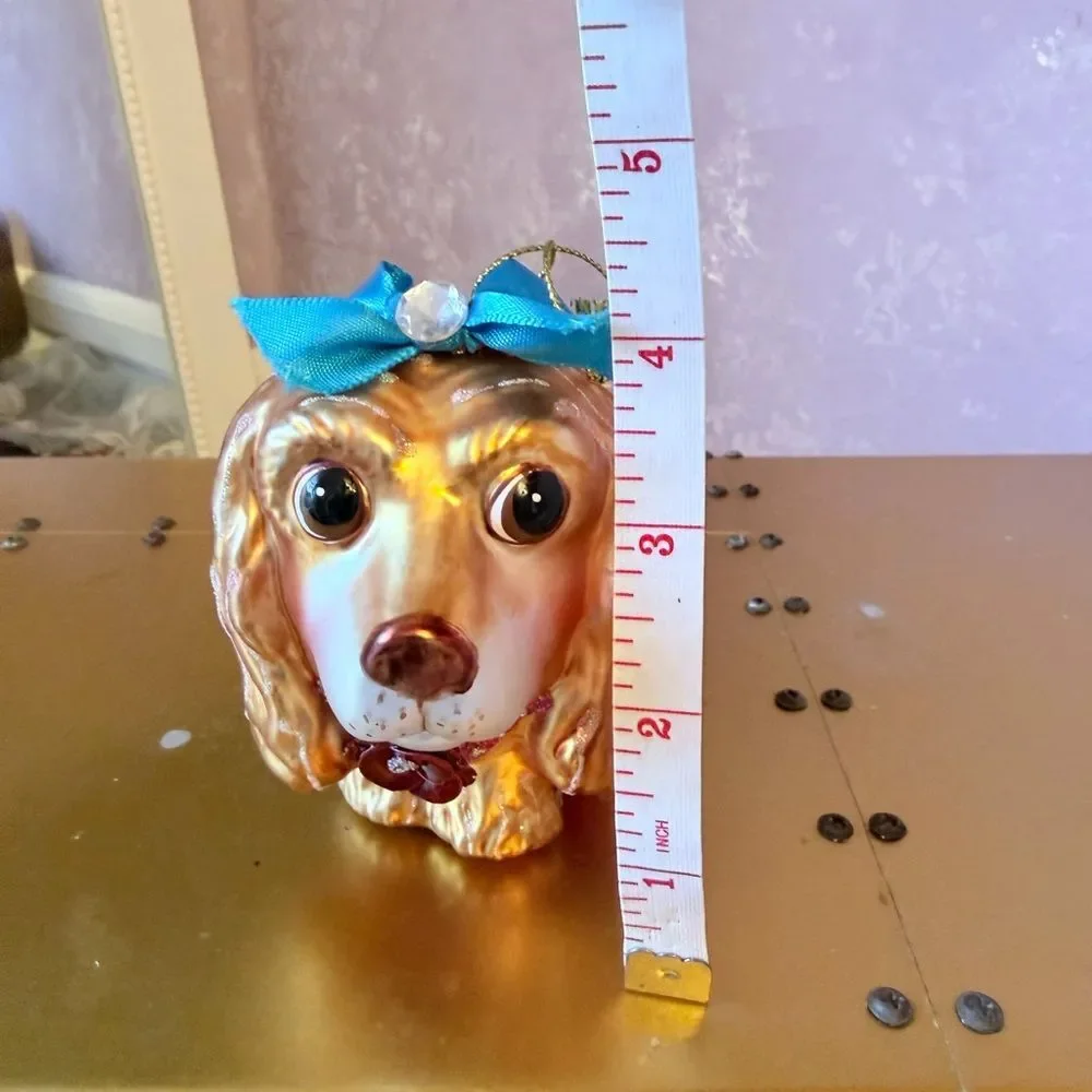 Hand Blown Golden Cocker Spaniel with Pink Tutu & Blue Bow Holiday Ornament